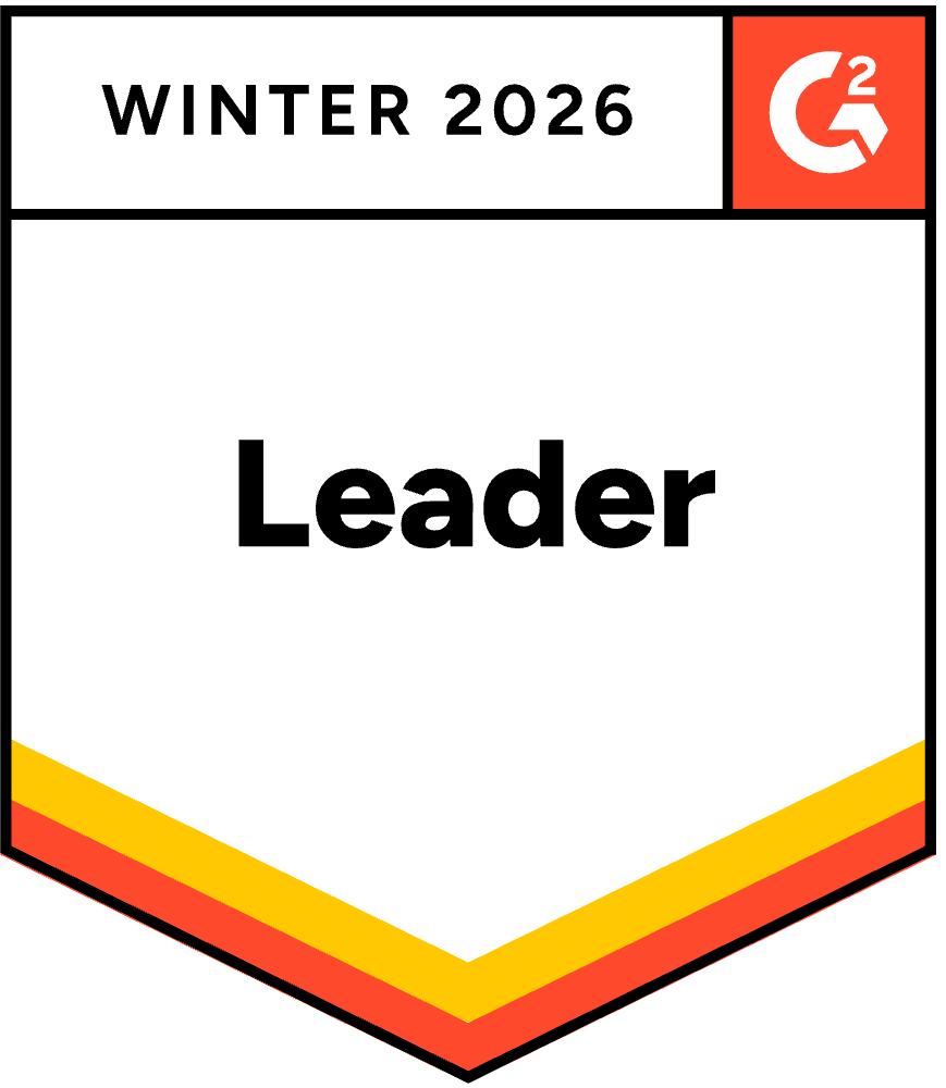 G2 Winter 2026 Leader badge with white background and orange and yellow chevron accents.